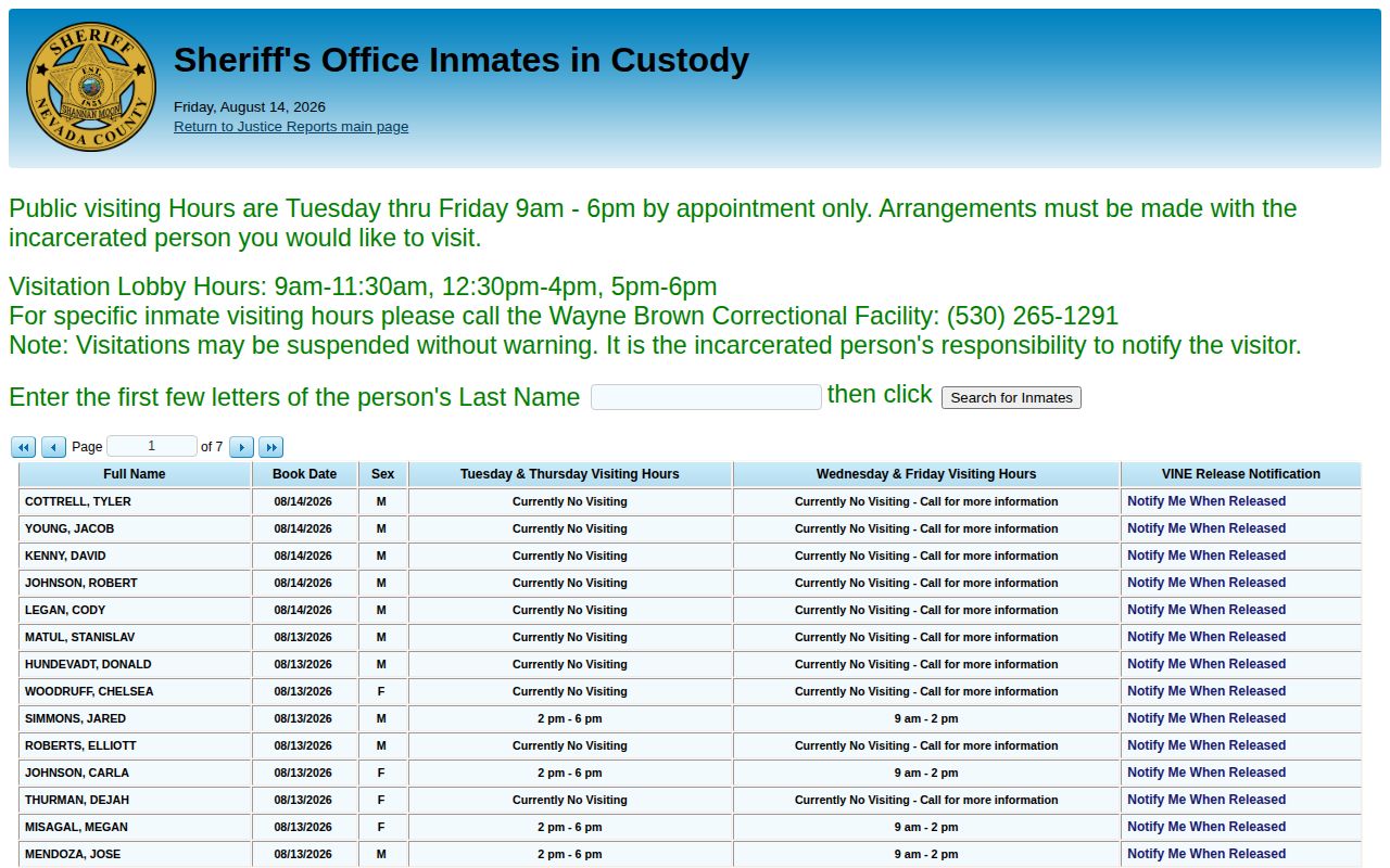 Nevada County current custody jail roster search