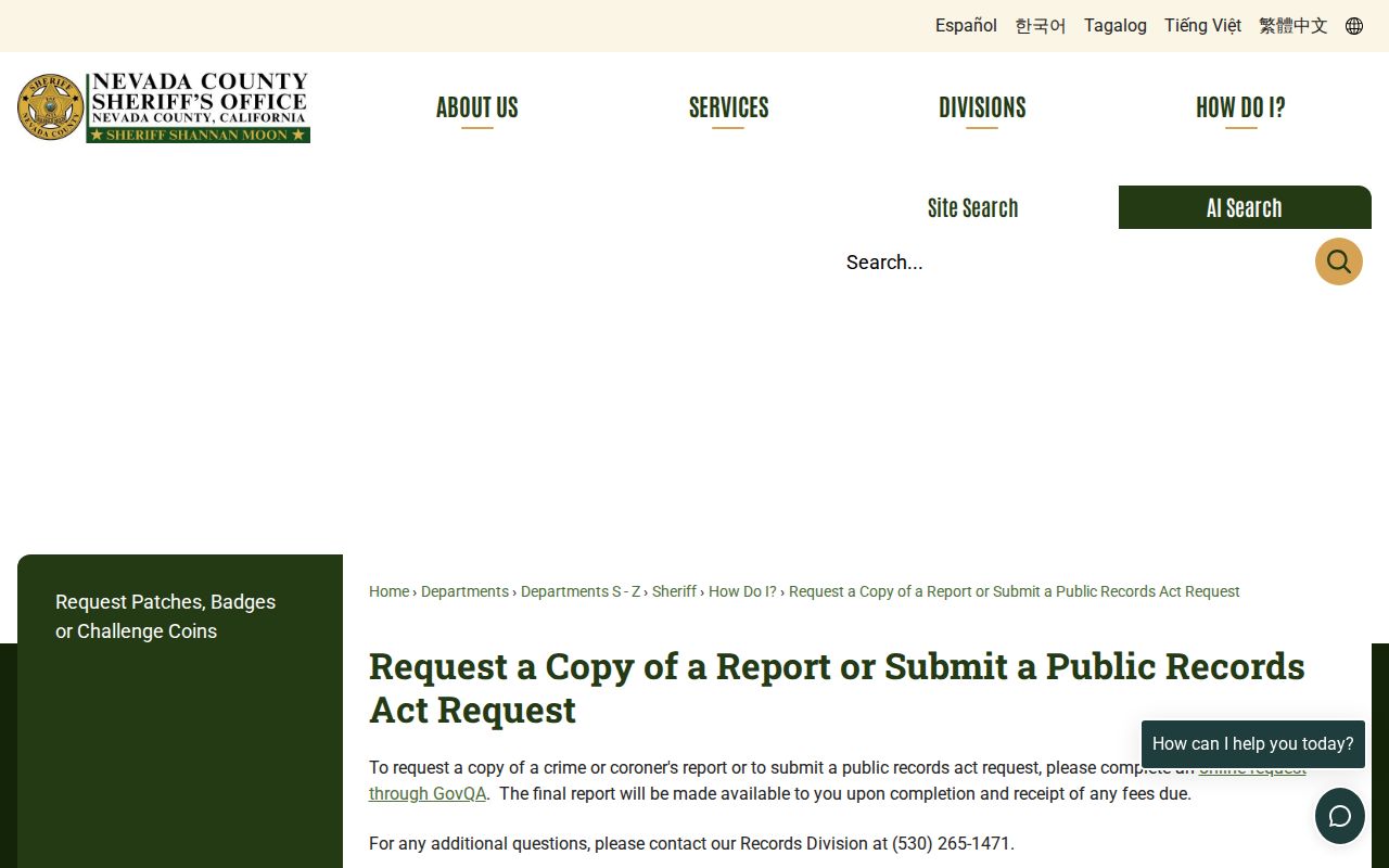 Nevada County Sheriff booking record request page