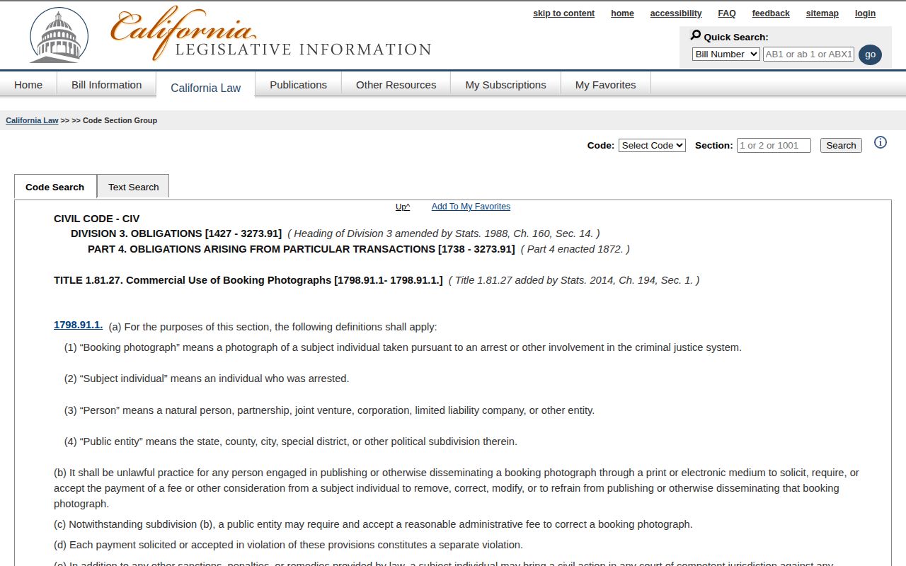 California law governing payment to remove Nevada County booking photographs
