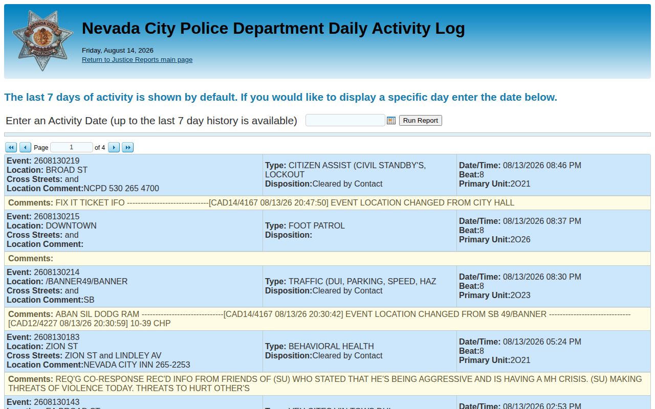 Nevada City police arrest activity log in Nevada County