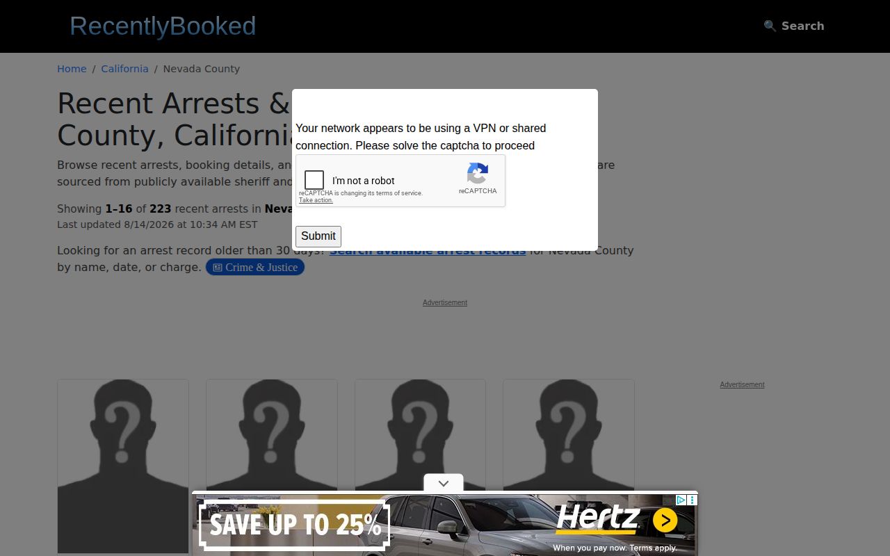 Unofficial RecentlyBooked Nevada County booking records section
