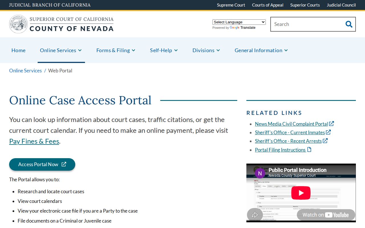Nevada County Superior Court warrant disposition portal