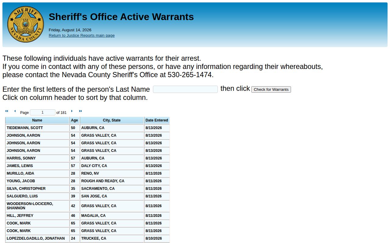 Nevada County Active Warrants non-photo search interface